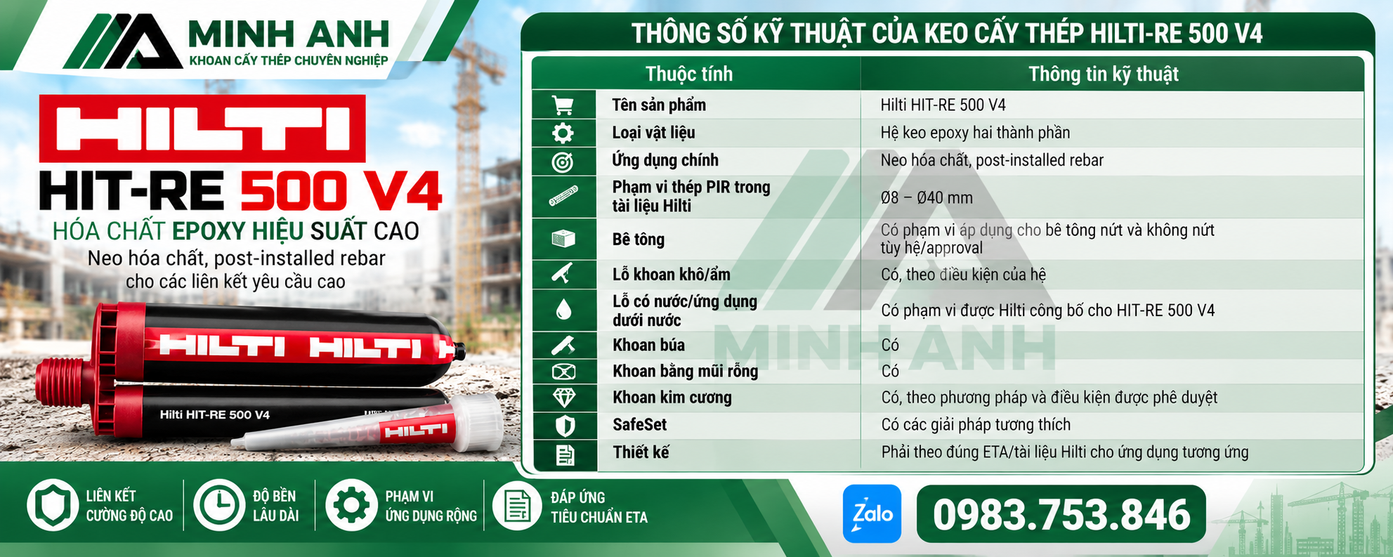 Thông số kỹ thuật quan trọng của keo cấy thép Hilti-RE 500 V4
