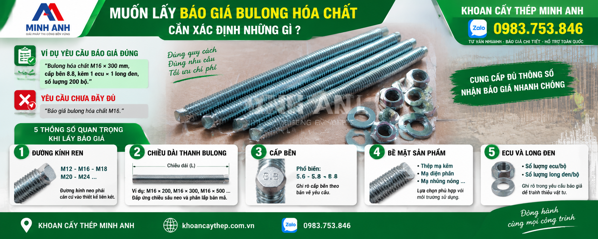 Muốn lấy báo giá bulong hóa chất , cần xác định những gì?
