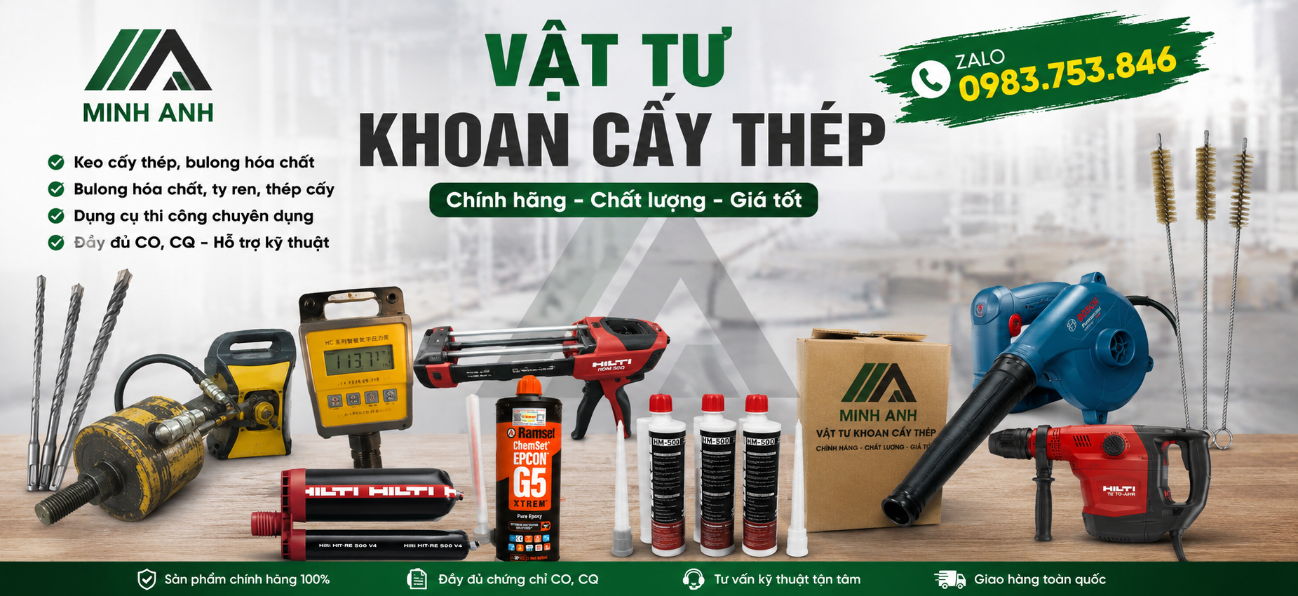 Vật tư khoan cấy thép bulong Minh Anh