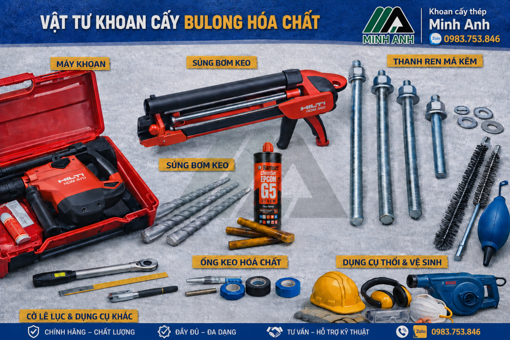 Vật tư sử dụng trong Thi công Khoan cấy thép khoan cấy bulong