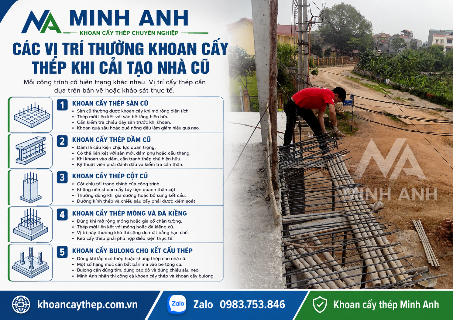 Các vị trí thường khoan cấy thép khi cải tạo nhà cũ