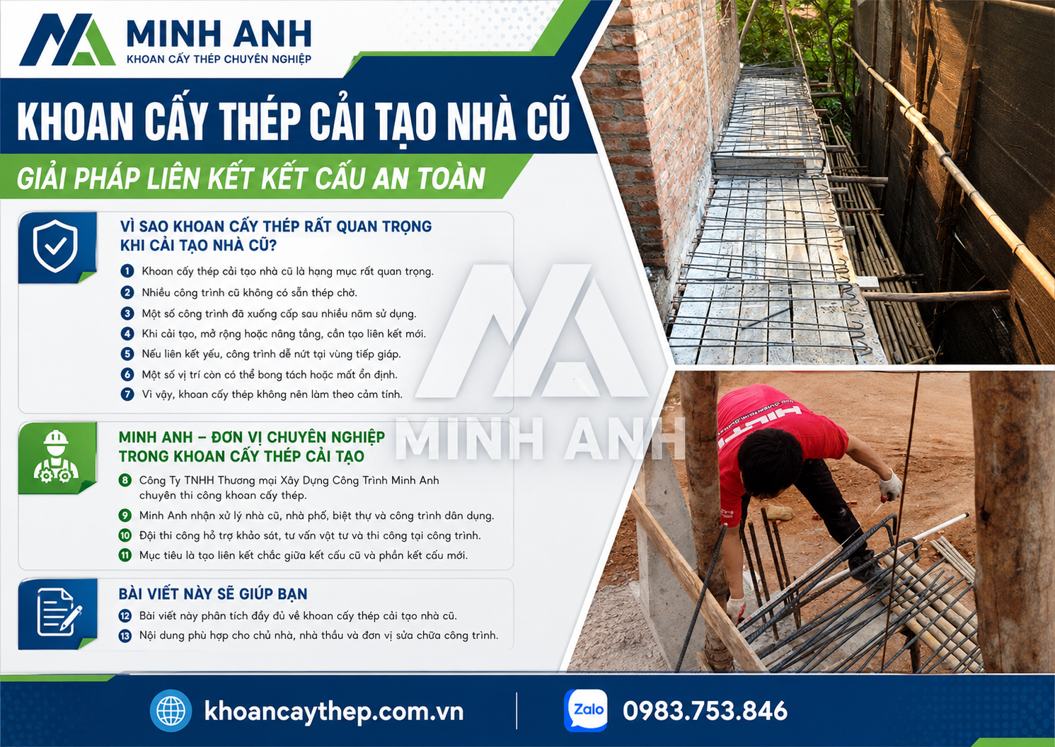 Khoan cấy thép cải tạo nhà cũ- Giải pháp liên kết kết cấu an toàn
