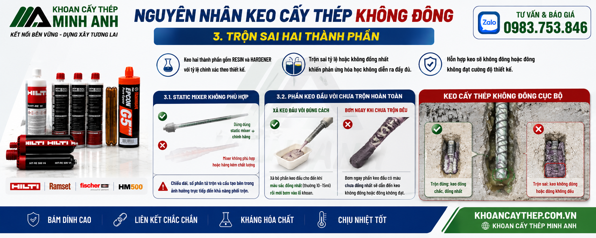 Nguyên nhân keo cấy thép không đông do trộn sai hai thành phần