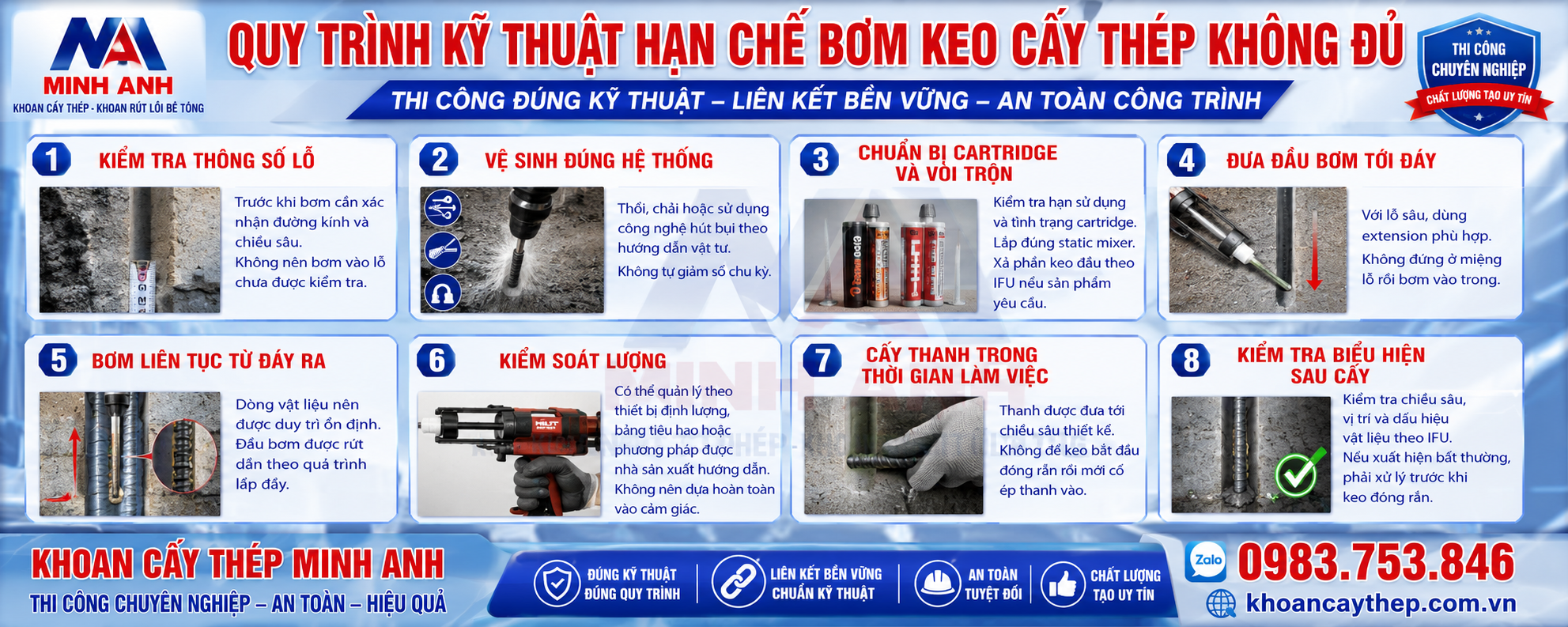 Quy trình kỹ thuật để hạn chế bơm keo cấy thép không đủ