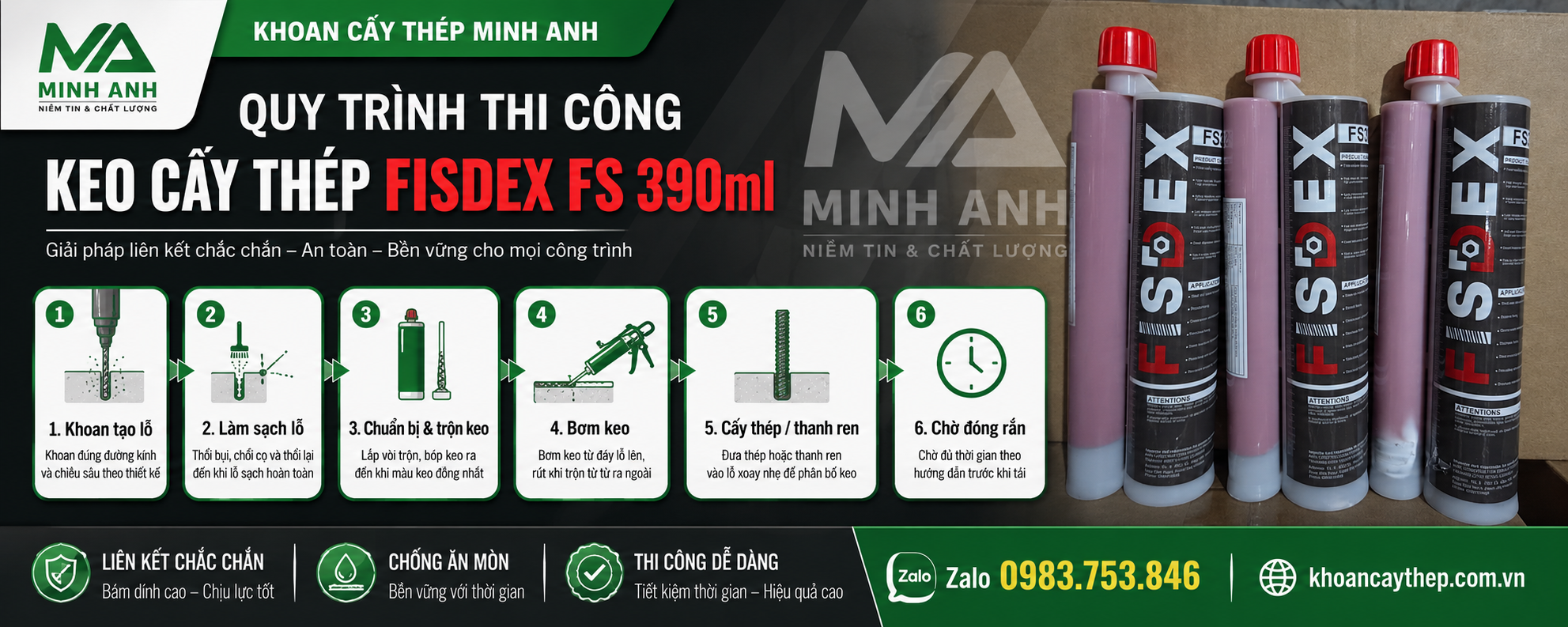 Quy trình thi công keo cấy thép bằng keo FISDEX FS 390ml